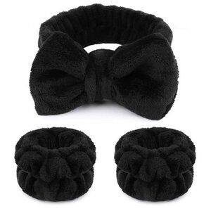 Makeup Headbands – 1 Black Fluffy Bow Tie Headband & 2 Absorbent Wristbands